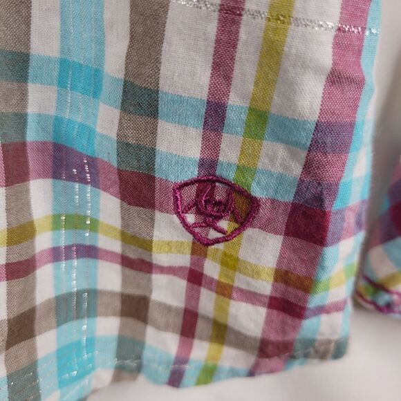 L ARIAT embroidered metallic snap plaid WESTERN RODEO PINK SILVER shirt LARGE - Picture 4 of 15
